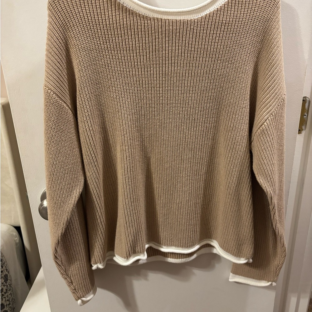 Women's Tan Sweater with White Trim